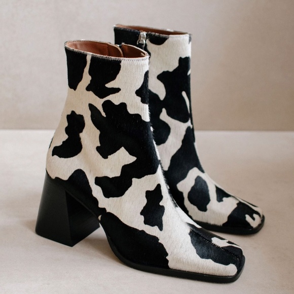 Cow Print Pony Hair Square Toe Chunky Heel Leather Boots Aloha - Picture 6 of 6